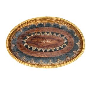 Tray Handmade African Wooden Inlaid Rattan Woven Wicker Oval
